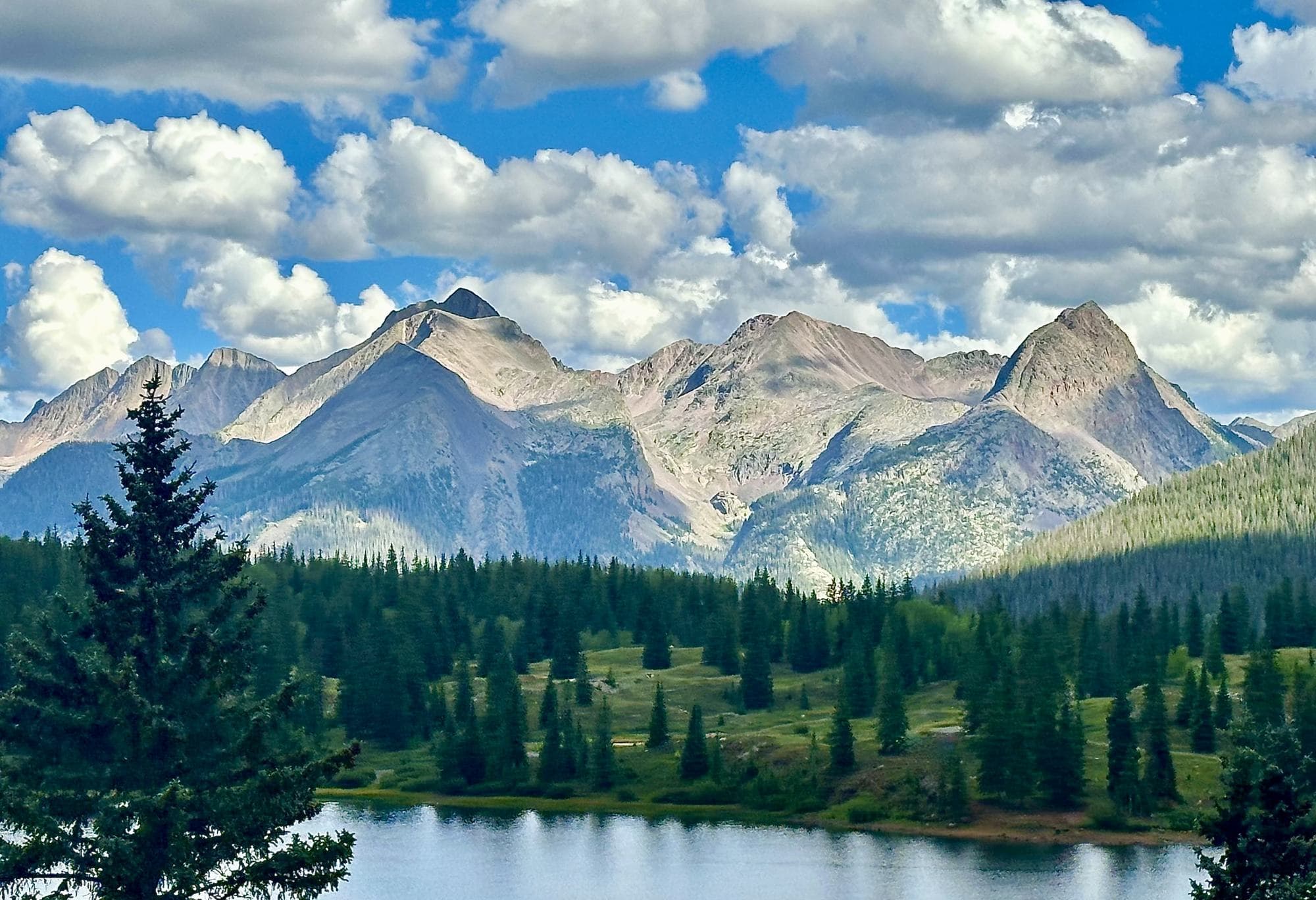 Jagged grey and rose-toned mountain peaks under a sky of large white clouds, above a dark spruce forest and a green meadow on the shore of a still blue lake.